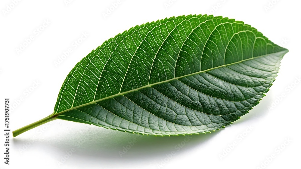 Obraz premium A single vibrant green leaf with prominent veins and a serrated edge isolated on a clean white background showcasing the intricate details of nature s design