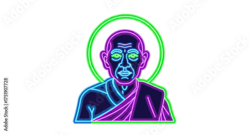 Glowing neon spiritual figure with a green halo.