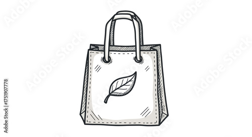 Hand-drawn illustration of a reusable shopping bag with a leaf symbol.