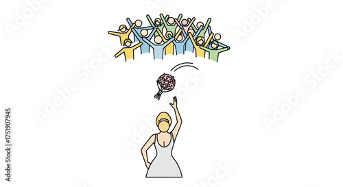 Bride throwing wedding bouquet to eager group of people celebrating tradition.