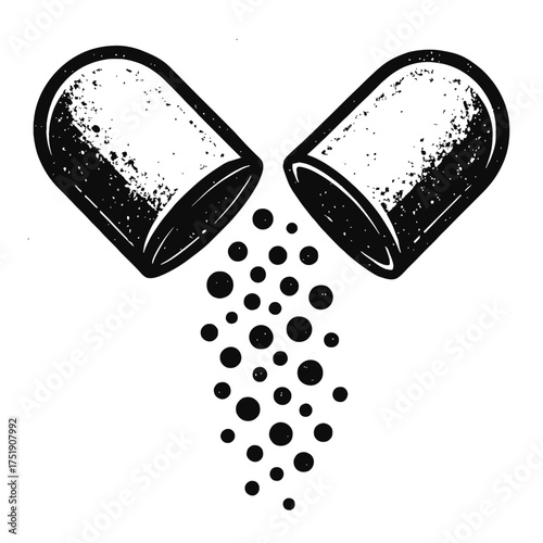 Dynamic black and white illustration of an open medicine capsule, precisely releasing its granular contents. This powerful visual symbolizes supplements, drug delivery, therapeutic release, health ben