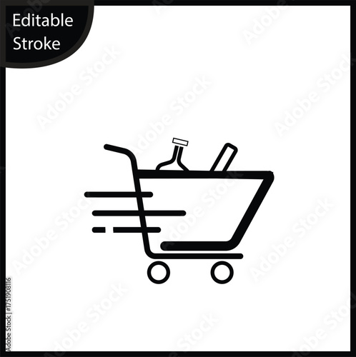 Minimalist outline icon depicting a shopping cart in motion, filled with two bottles, symbolizing fast retail service, rapid grocery delivery, or speedy checkout. The clean design and editable stroke 