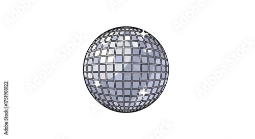 A reflective disco ball with a grid of square mirrors suspended in space.
