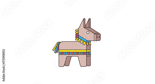 Colorful Cartoon Donkey Piñata with Striped Decoration and Geometric Design.