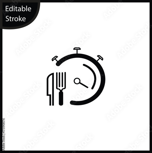 Minimalist outline icon symbolizing meal timing or fast food delivery, combining a stopwatch with a fork and knife. The design is clean, bold, and features an editable stroke. Ideal for delivery apps.