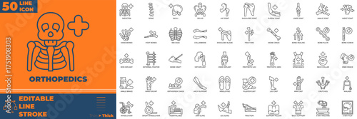 Orthopedics Line editable icon set. Contain icons related to orthopedics, bone, joint, and more