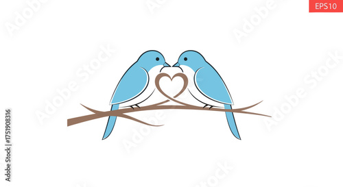 Two blue birds perched on a branch forming a heart shape.