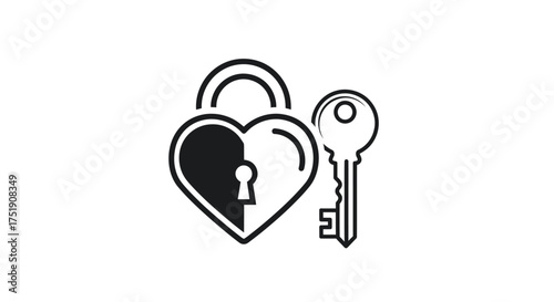 Black Heart-Shaped Padlock and Key Icon Illustration.