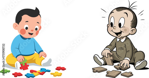 Cute cartoon babies playing with colorful and wooden puzzles, learning toys, child development, early education, fun playtime, creativity, happy kids illustration