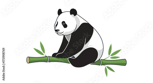 Cute cartoon panda sitting on a green bamboo branch illustration.