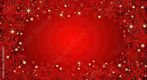 Festive Red Background with Sparkling Stars and Snowflakes