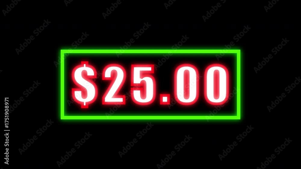 Animated price counter with green frame on black background. 0 to 50 counting dollar number animation. 4k quality video with neon effect.
