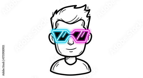 Cartoon man wearing futuristic neon-lit glasses with blue and pink glowing lenses.