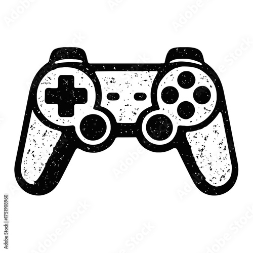 Distressed black and white video game controller icon for gaming culture, retro aesthetics, console gamers, digital entertainment. Stylized grunge joystick graphic, perfect for web, print, apparel, de