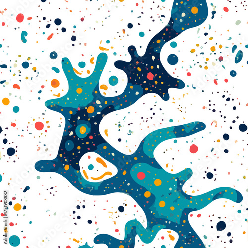 Playful abstract splash of teal and navy with colorful dots on white — whimsical, energetic, and perfect for creative, kids’, or artistic designs with bold, splattered charm.