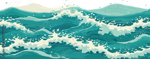 Vibrant turquoise ocean waves with white foam rolling toward soft hills — fresh, serene, and perfect for coastal, summer, or travel-themed designs with calming, rhythmic energy.