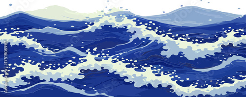 Deep blue ocean waves with white foam cresting toward distant hills — bold, graphic, and perfect for nautical, travel, or coastal themes with dynamic, rhythmic motion.