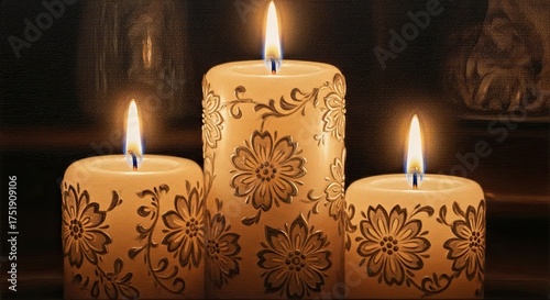 Three ornate candles with flickering flames illuminate a dark room