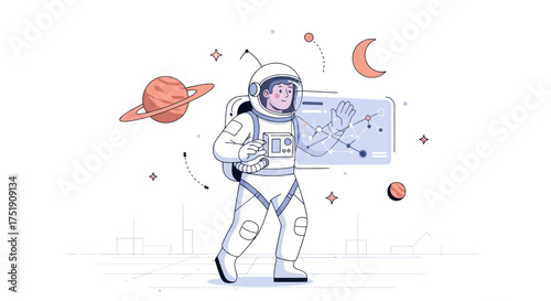 Astronaut in white space suit holding a digital screen with a complex diagram.