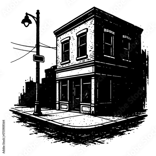 Black and white ink illustration of an urban street corner. Features a classic brick building, storefronts, windows, a vintage streetlight, and a detailed sidewalk. Evokes a nostalgic downtown, perfec