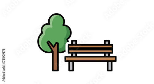 A simple illustration of a park bench next to a stylized green tree.