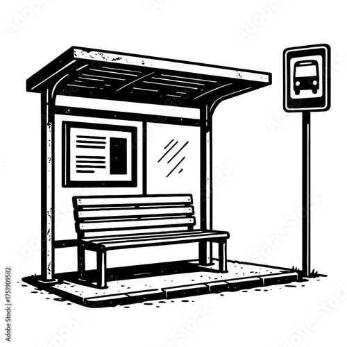 Detailed Monochromatic Hand-Drawn Bus Stop Shelter Vector Illustration: Classic Urban Public Transport Waiting Area with Bench, Schedule Board, and Iconic Bus Stop Sign. Ideal for City Life, Travel, a
