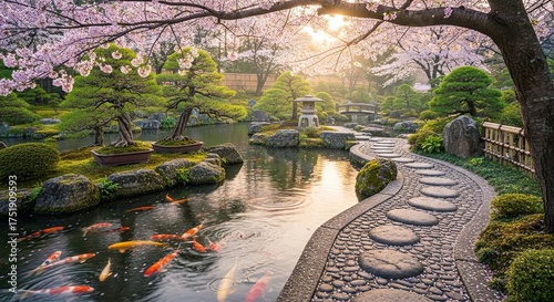 Serene Japanese Garden With Koi Pond and Cherry Blossoms