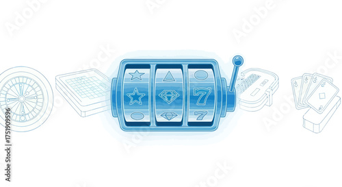 Blue three-reel slot machine displaying lucky 777 jackpot win.