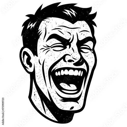Black and white comic pop art illustration of a man's face caught in a moment of boisterous, ecstatic laughter, mouth wide open with teeth showing, conveying intense joy and humorous abandon in a vint