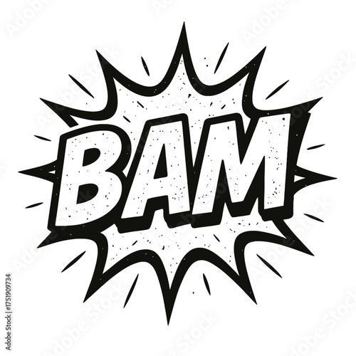 Dynamic BAM! comic book sound effect graphic with a bold, distressed texture and classic pop art starburst explosion. This retro cartoon illustration embodies sudden impact and exclamation in vintage