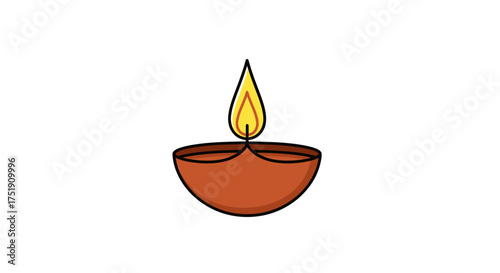 A lit terracotta oil lamp with a bright yellow flame.