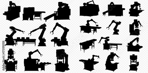 A collection of black silhouettes representing various industrial robots and automated machinery for manufacturing.