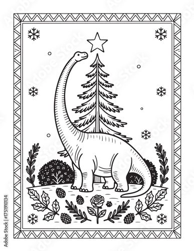 Whimsical dinosaur decorates festive christmas tree with star festive holiday scene illustration