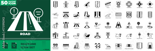 Road Duotone editable icon set. Contain icons related to road, street, highway, route, and more
