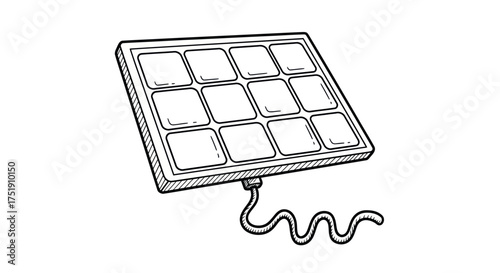 Hand-drawn cartoon solar panel with twelve cells and a connecting wire.