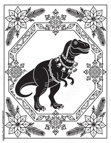 Festive tyrannosaurus rex dinosaur adorned with ornate holiday wreath and snowflake border design element illustration