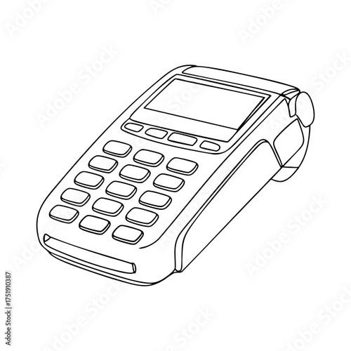 Vector line art illustration of a payment terminal or POS machine, representing cashless payment, digital transaction, and retail checkout concept in clean minimalist outline design.