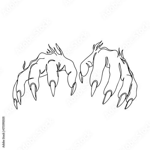 Vector line art illustration of werewolf claws reaching forward, detailed horror hands perfect for Halloween posters, tattoo art, and dark fantasy compositions.