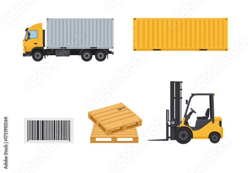 Logistics Elements Cargo Truck, Container, Pallets, Barcode and Forklift
