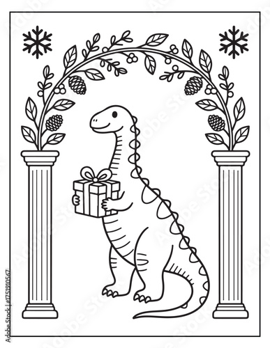 Cute cartoon dinosaur holding present under festive archway with snowflakes ready for coloring pages