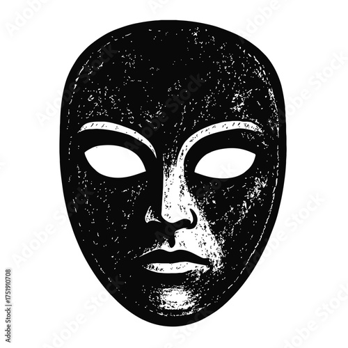 Striking minimalist black and white mask art with distressed texture, featuring hollow white eyes, a defined nose, and subtle lips, embodying mystery, ancient rituals, theatrical performance, and anon