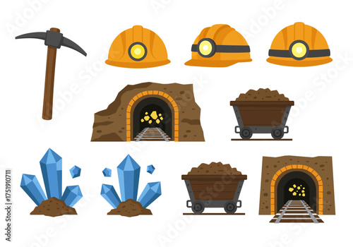 Mining Adventure Tools, Carts, Crystals, and Cave Entrance Illustrations