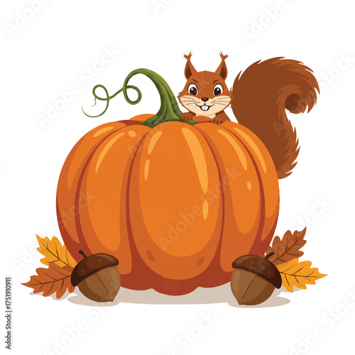 A cunning squirrel peeks mischievously from behind a vibrant orange pumpkin, subtly hiding a stolen nut amidst colorful autumn leaves in a playful 2D flat vector.