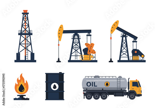 Oil Industry Icons Drilling Rigs, Fuel Tanker, and Burning Flame in Flat Vector Style