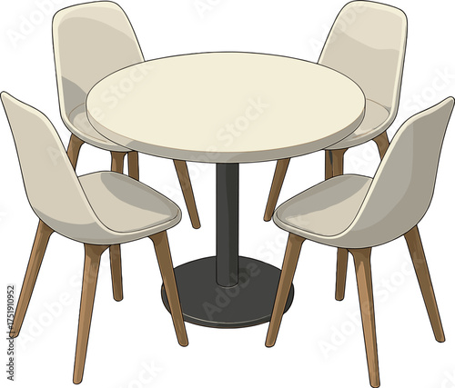 白い円卓と4つの椅子のイラスト