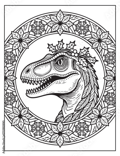 Whimsical dinosaur christmas ornament frame with festive foliage and holly accents ready for coloring fun