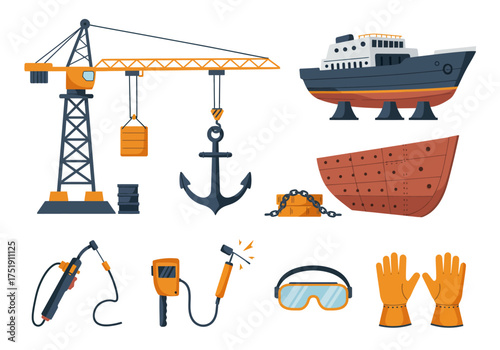 Construction and Repair Icons Crane, Ship, Welding Gear, and Safety Equipment
