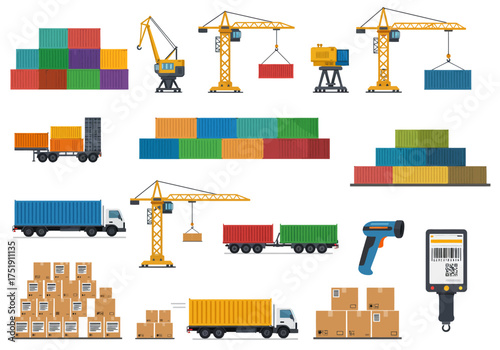 Shipping Containers, Trucks, Cranes, and Barcode Scanners for Logistics and Global Trade