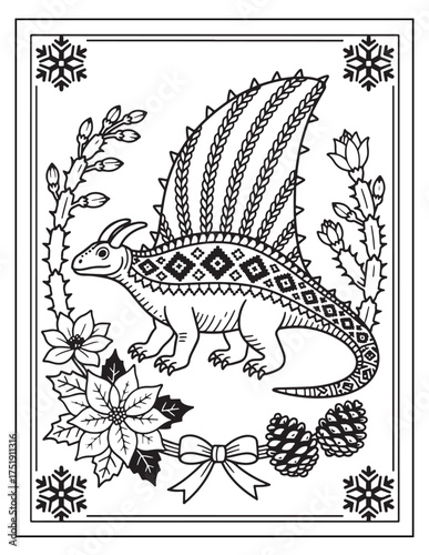 Whimsical dinosaur holiday coloring page featuring poinsettias pinecones and snowflake borders for festive fun