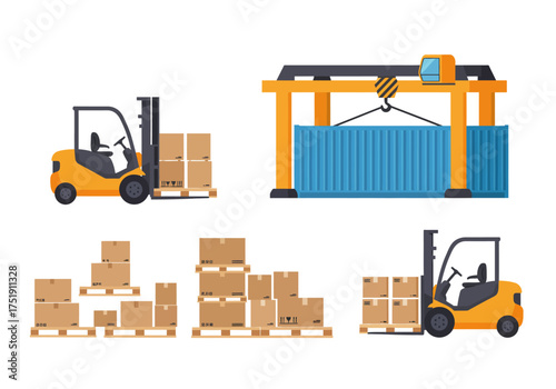 Efficient Cargo Handling Forklifts and Container Crane Transporting Packages